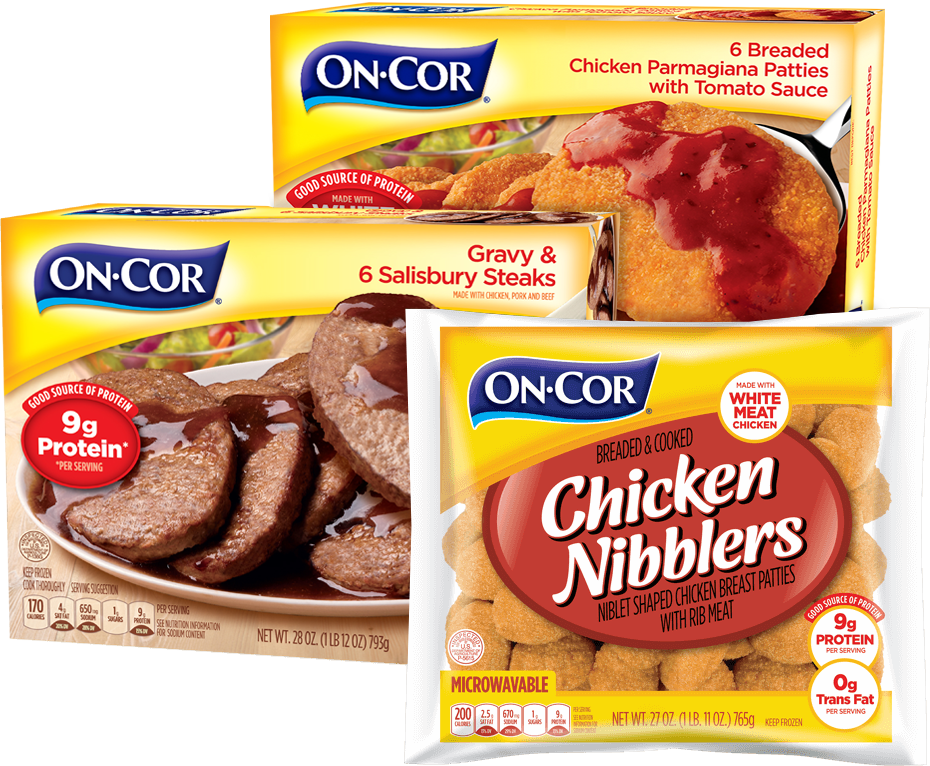 image of On Cor packaging for chicken nibblers, chicken parmigiana and chicken pasta bake